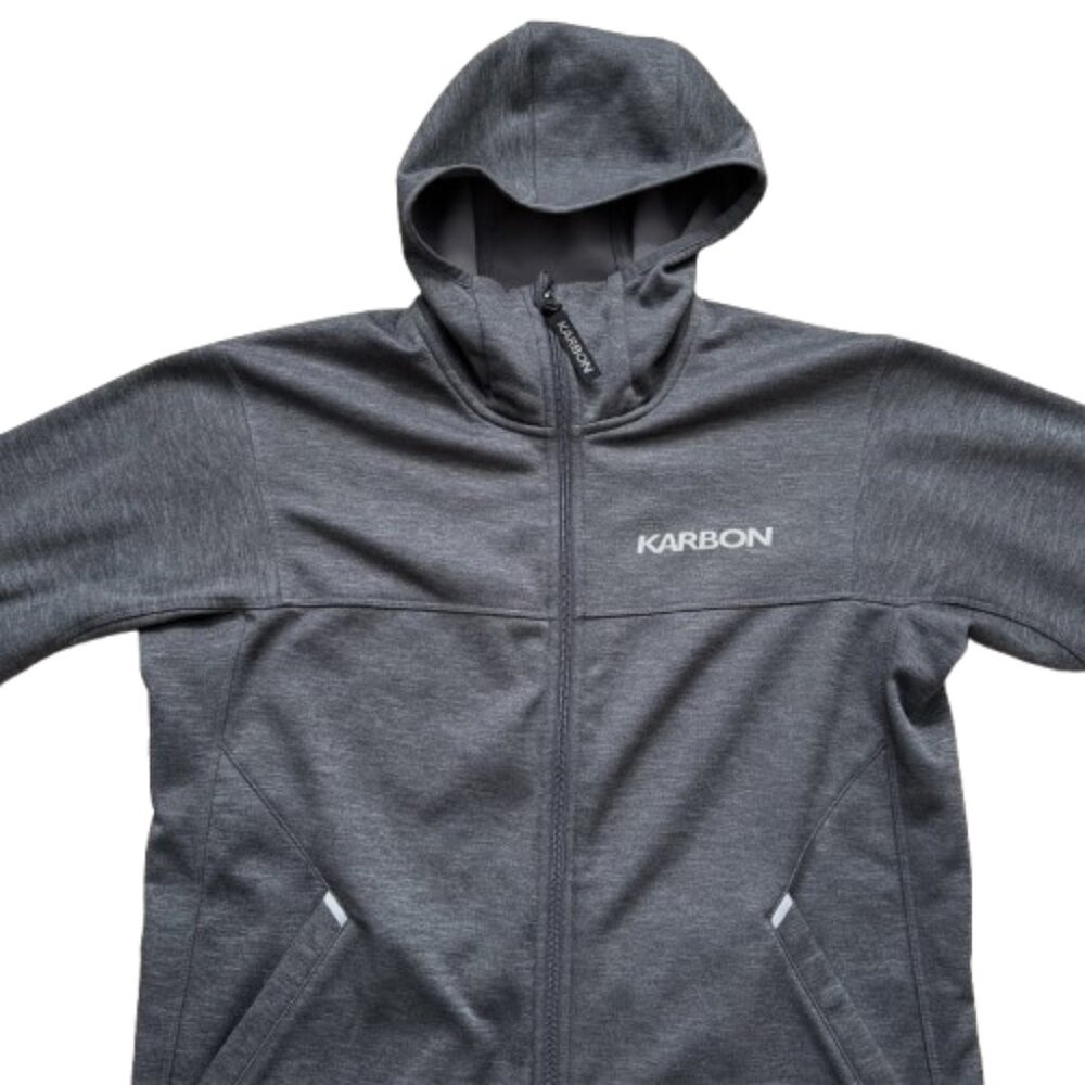 Karbon Jacket Mens M Gray Silver Hooded Full Zip Performance Ski Outdoor Fleece - Picture 2 of 3